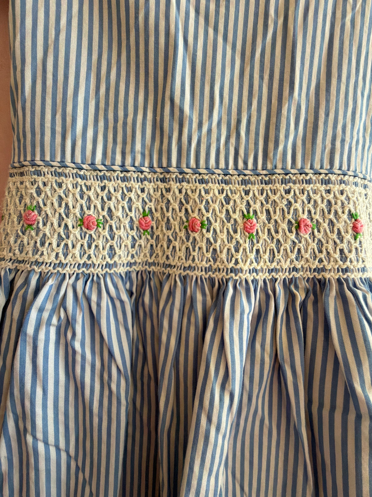 Ralph Lauren Blue and White Stripe with Rose Embroidery Smocked Tieback Dress / 4