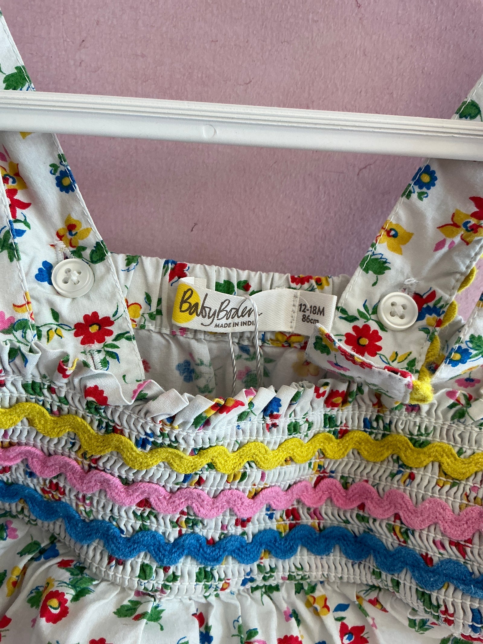 Baby Boden All-over floral, rick rack and smocking, snap closure Romper / 12-18 months