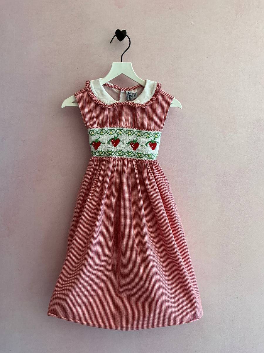 vintage Orient Expressed Hand-Smocked Dress with Embroidered Strawberries / 3
