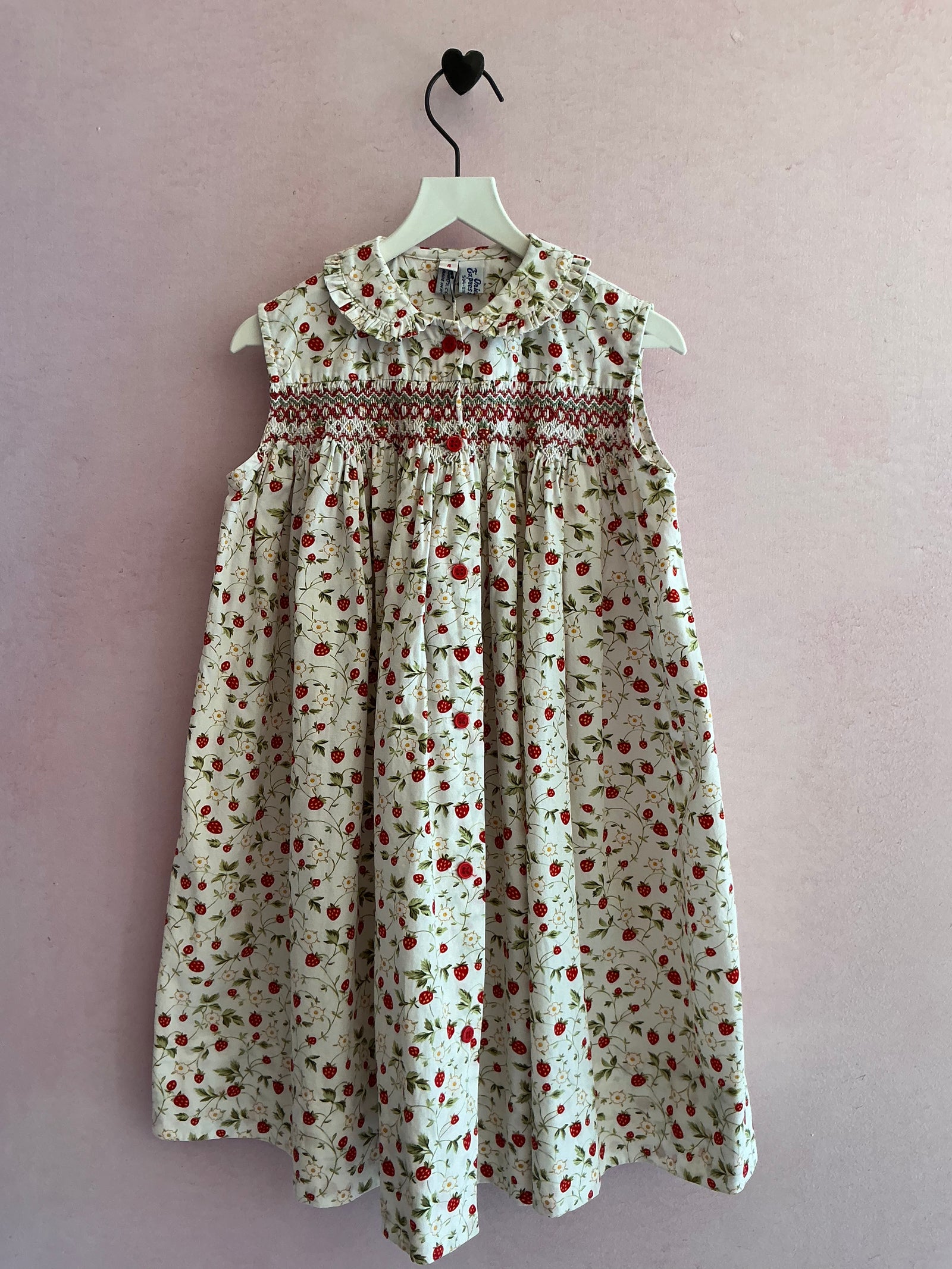 vintage Orient Expressed Strawberry Print Hand-Smocked Dress with Embroidered Strawberries / 3