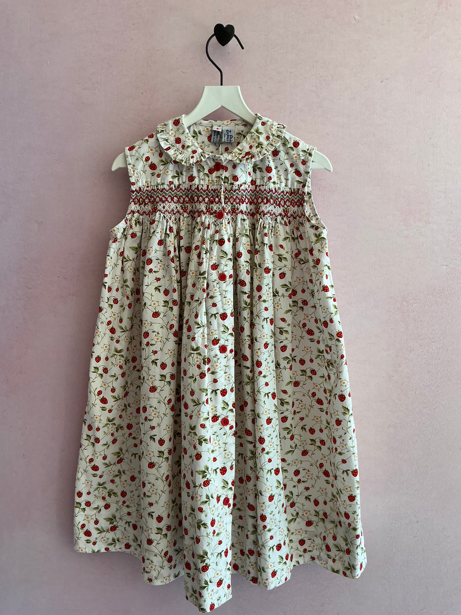 vintage Orient Expressed Strawberry Print Hand-Smocked Dress with Embroidered Strawberries / 3
