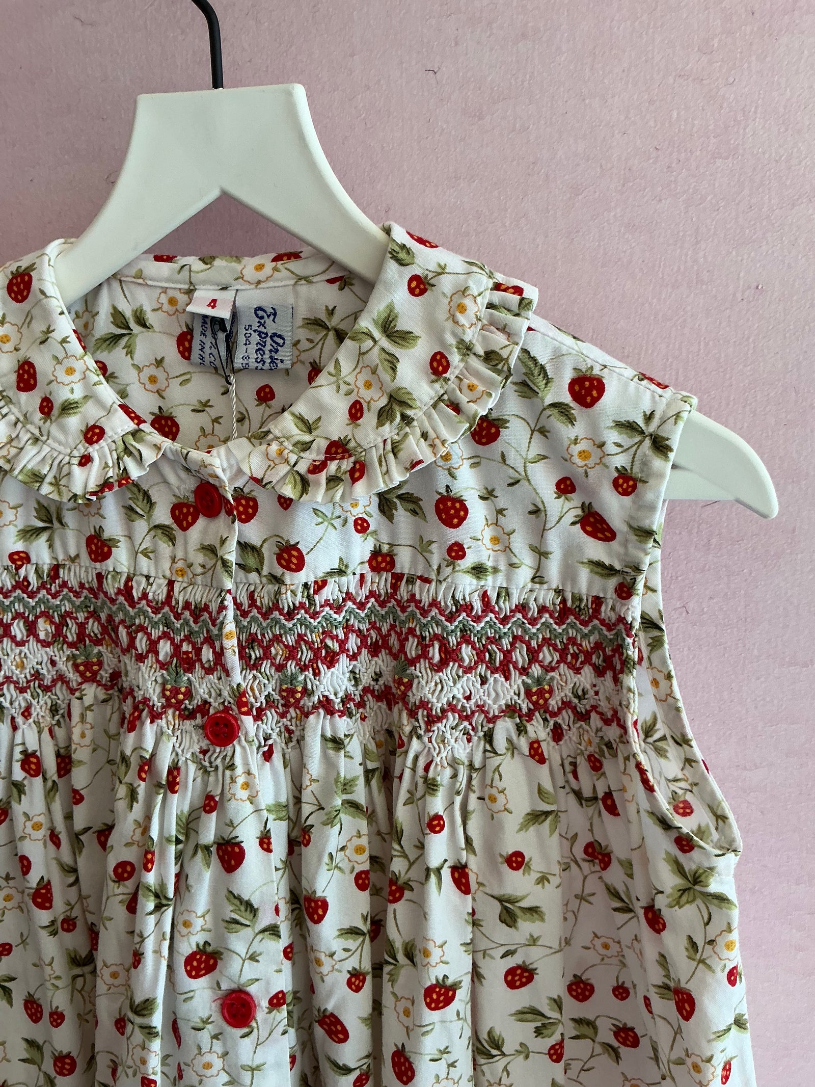 vintage Orient Expressed Strawberry Print Hand-Smocked Dress with Embroidered Strawberries / 3