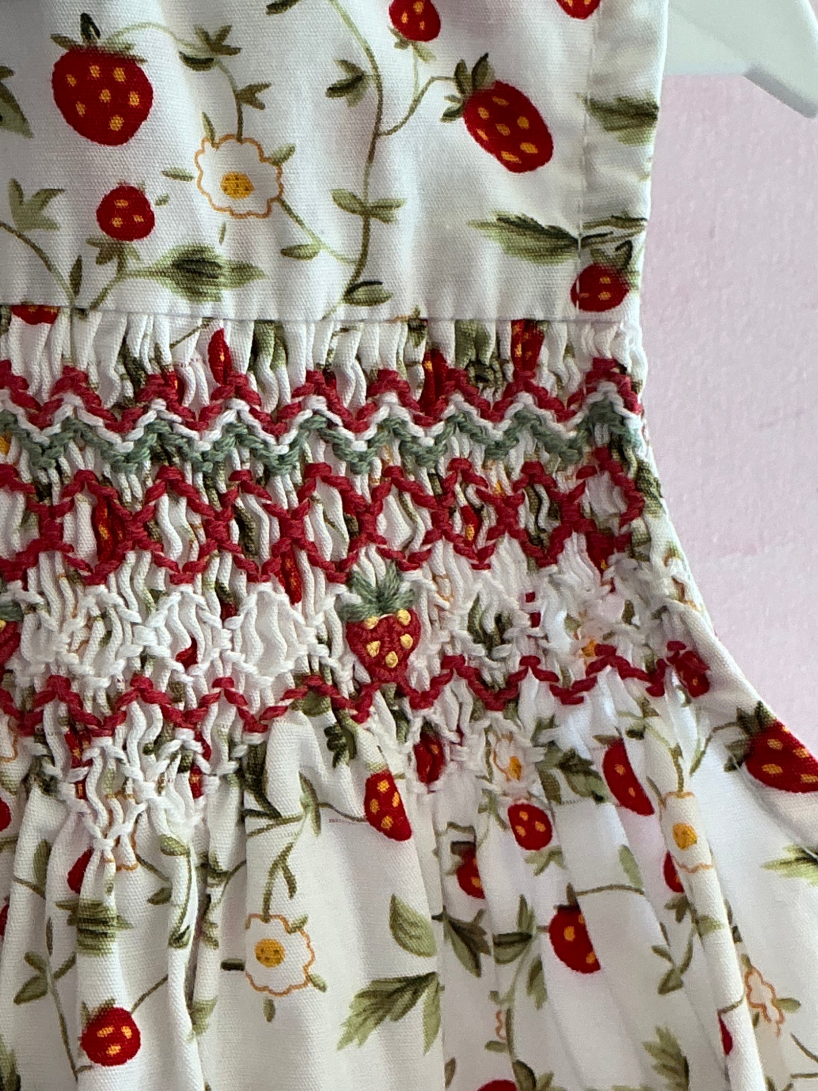 vintage Orient Expressed Strawberry Print Hand-Smocked Dress with Embroidered Strawberries / 3