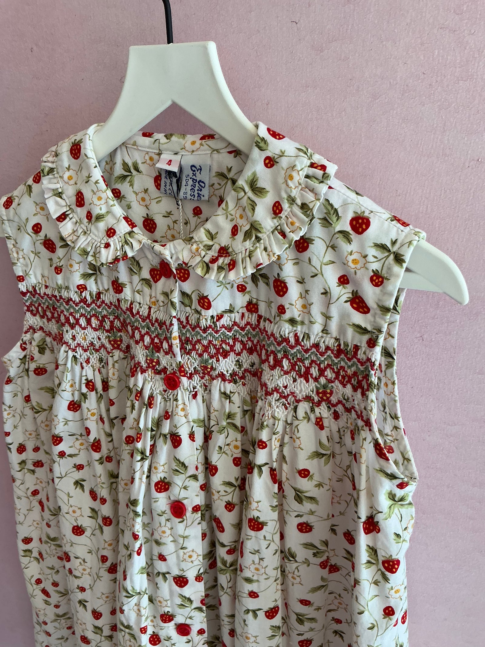 vintage Orient Expressed Strawberry Print Hand-Smocked Dress with Embroidered Strawberries / 3