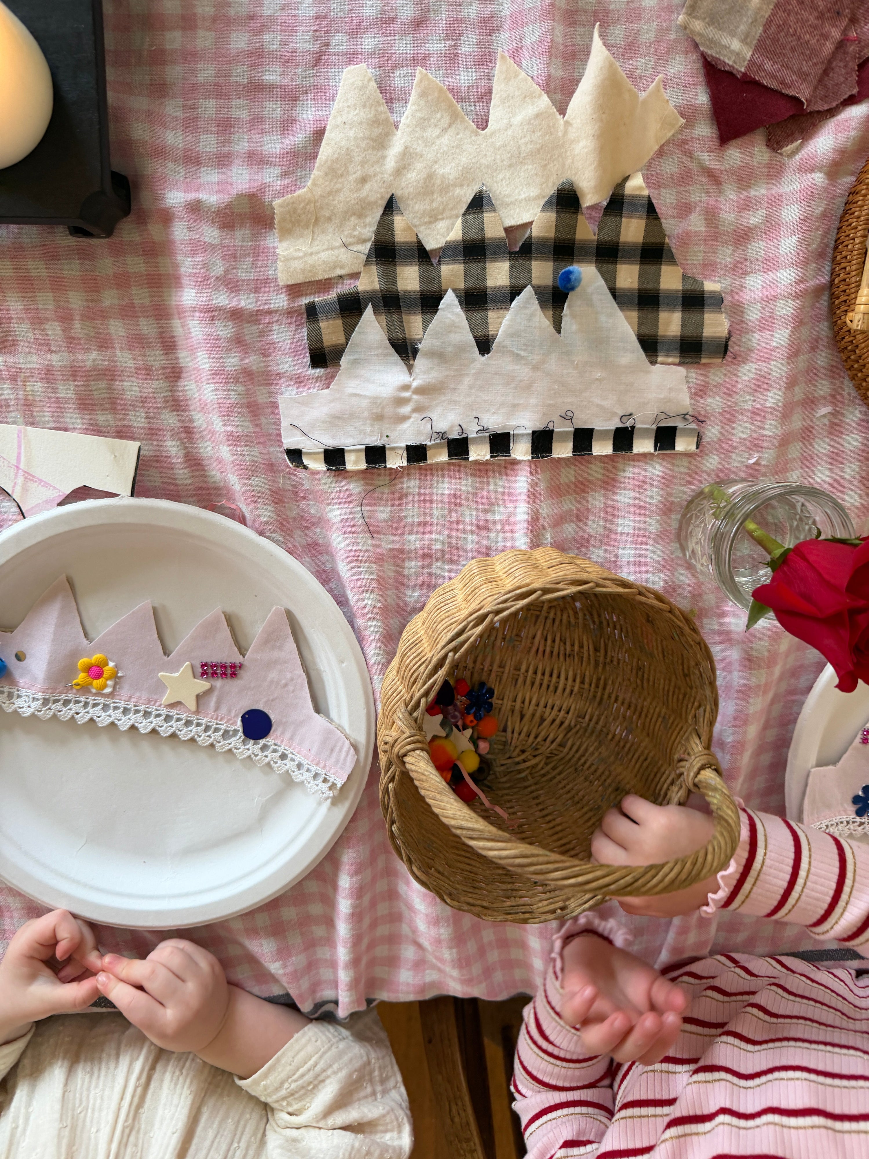 children making fabric crowns and crafting at home